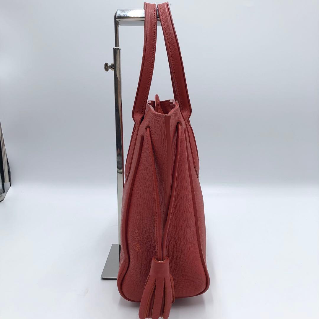美品 ロンシャン ペネロペ シボ革 ハンドバッグ レザー 濃いオレンジ系