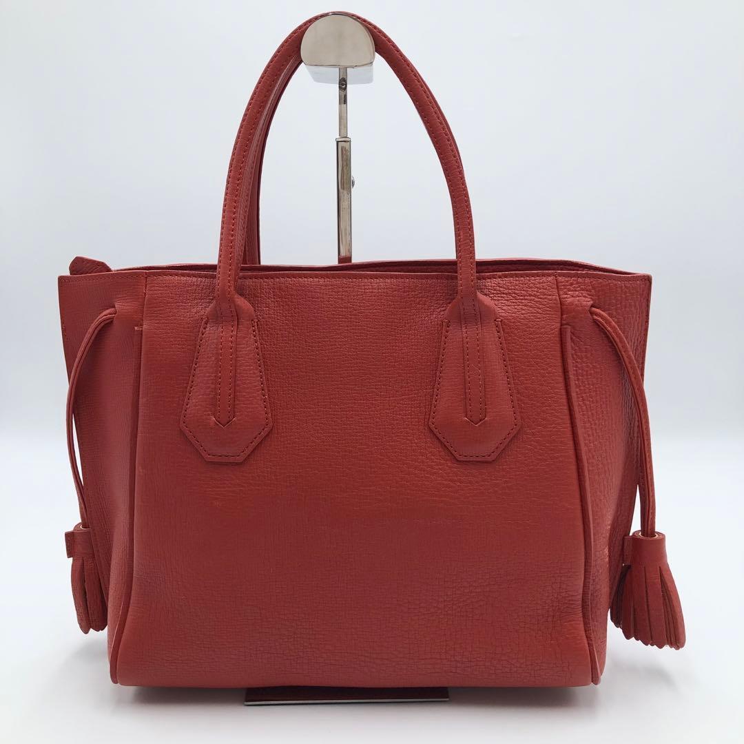 美品 ロンシャン ペネロペ シボ革 ハンドバッグ レザー 濃いオレンジ系