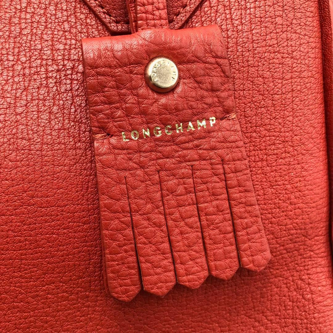 美品 ロンシャン ペネロペ シボ革 ハンドバッグ レザー 濃いオレンジ系