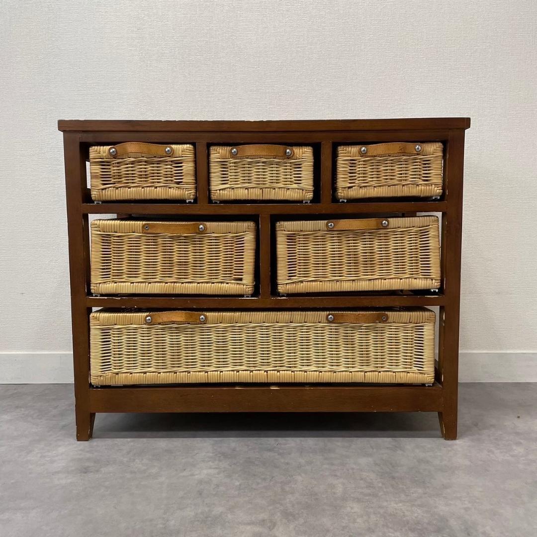 ラタンバスケットと天然木フレームの収納チェスト6段引き出しアジアン家具