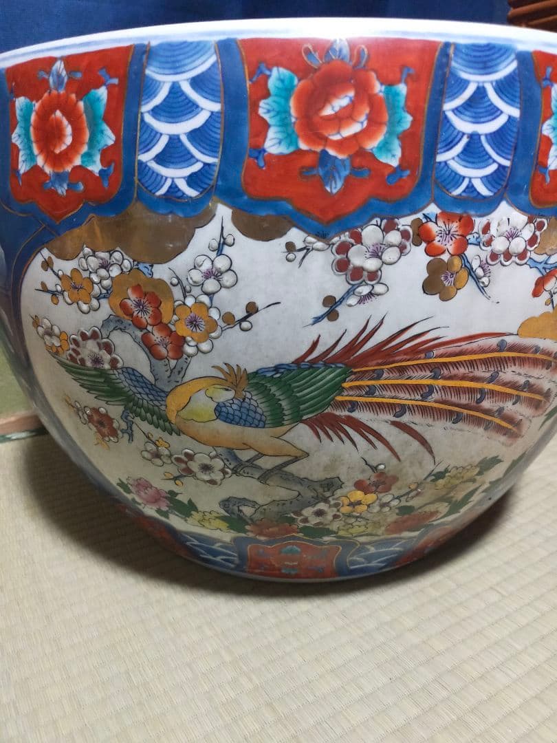 伊万里焼　有田焼　色絵孔雀図火鉢　アンティーク　昭和レトロ　作家者