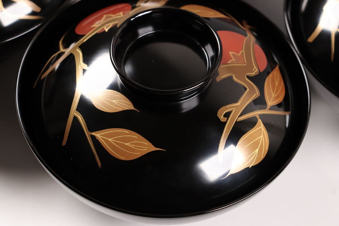 CK72 漆芸 木製漆器 輪島塗 柿蒔絵 黒塗御吸物椀 五客 / 秋 果物