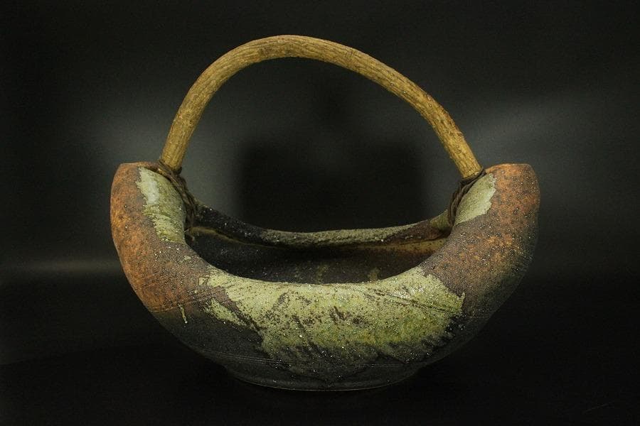 陶器 信楽 舟形 自然木 手付き 盛鉢 43.5cmx31.5cm(A342)