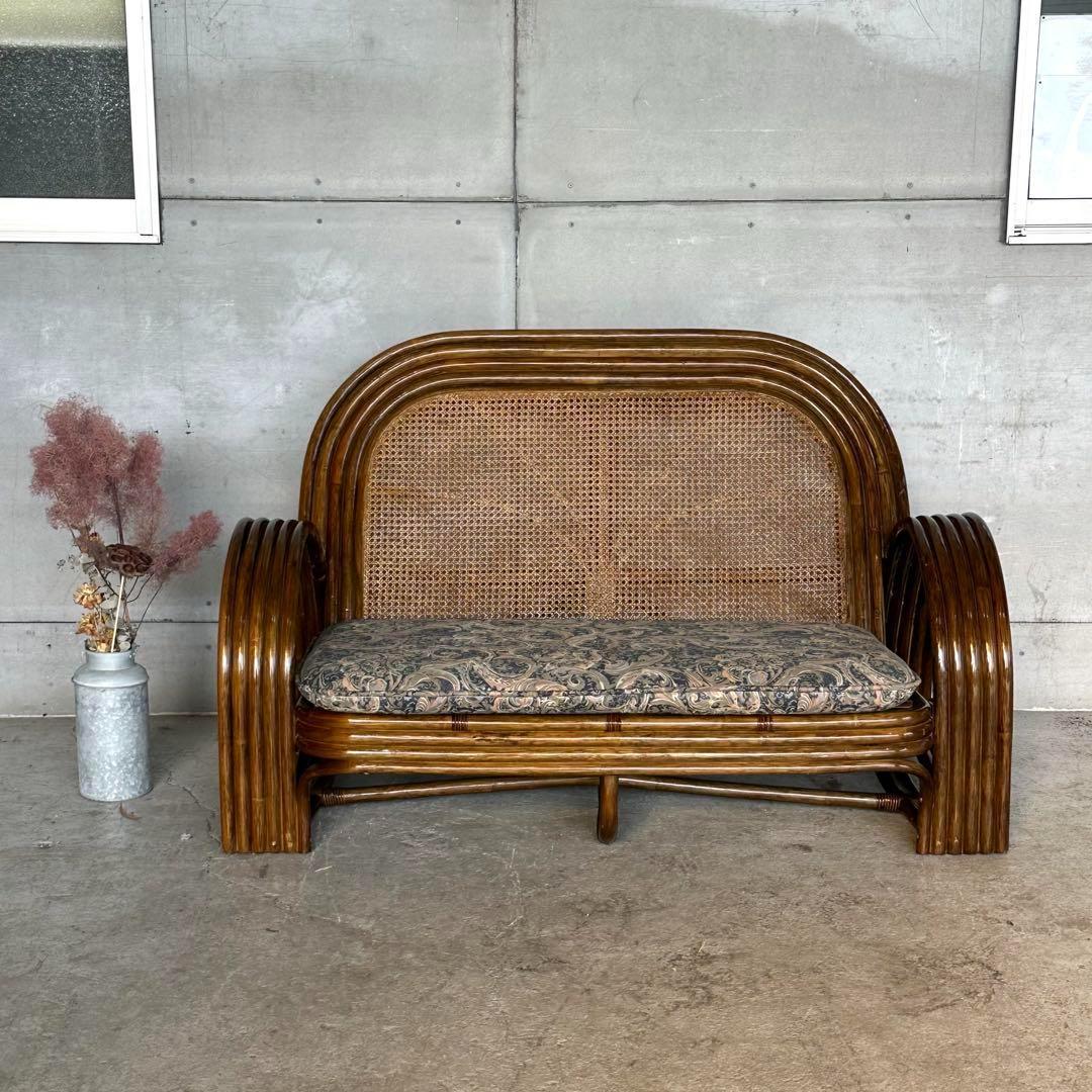 ✿アジアンリゾートポップ✿籐フレーム 2人掛け ラブソファ オールドラタン
