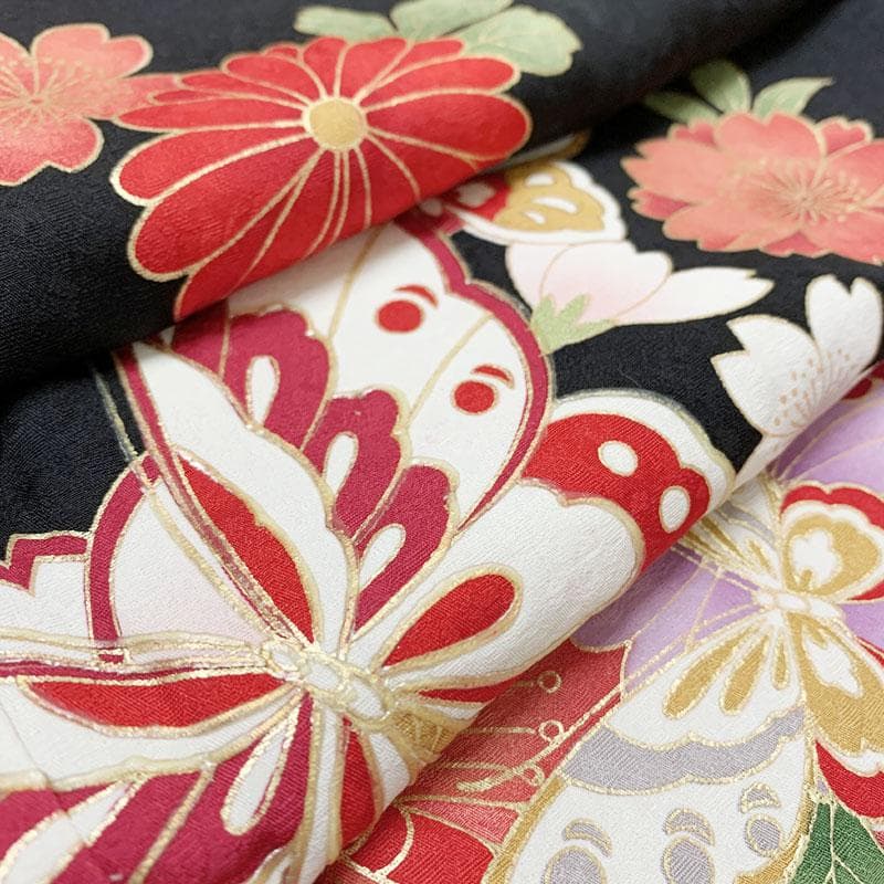 507z52, レース半衿☆人気！振袖 古典柄 金彩 地紋 蝶 赤×黒☆