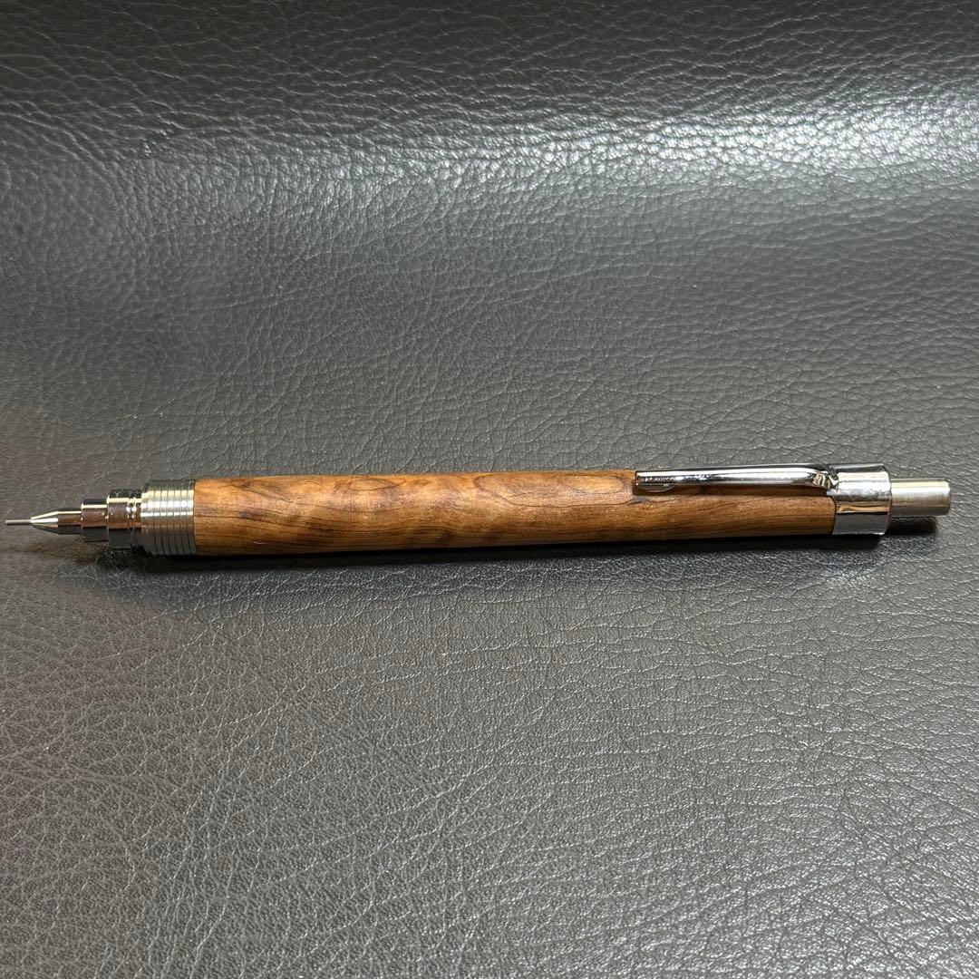 221屋久杉油木トラ杢　木製シャーペン　超低重心溝付き　ステンレス