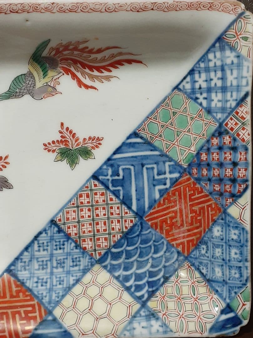 珠玉逸品❗️】江戸時代 古伊万里 柿右衛門様式 鳳凰に桐 区割り文様