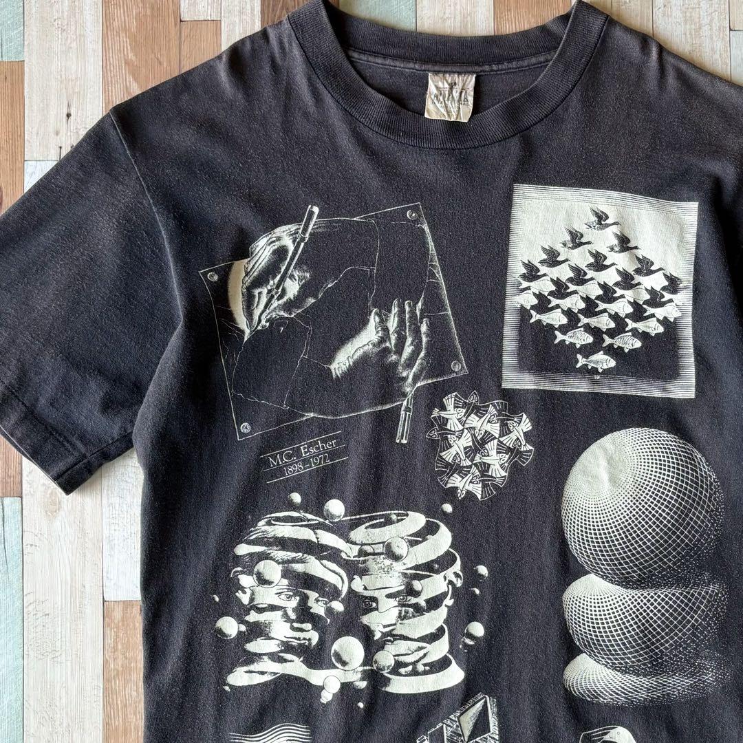 90'S M.C.ESCHER Multi Print T-Shirts Made in USA WHITE/L