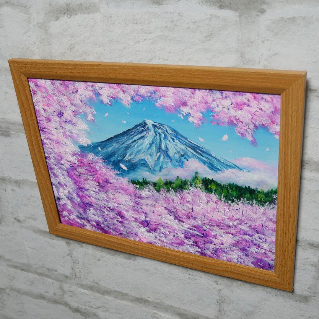 油絵 油彩 油彩画 絵 絵画 【富士山と桜】