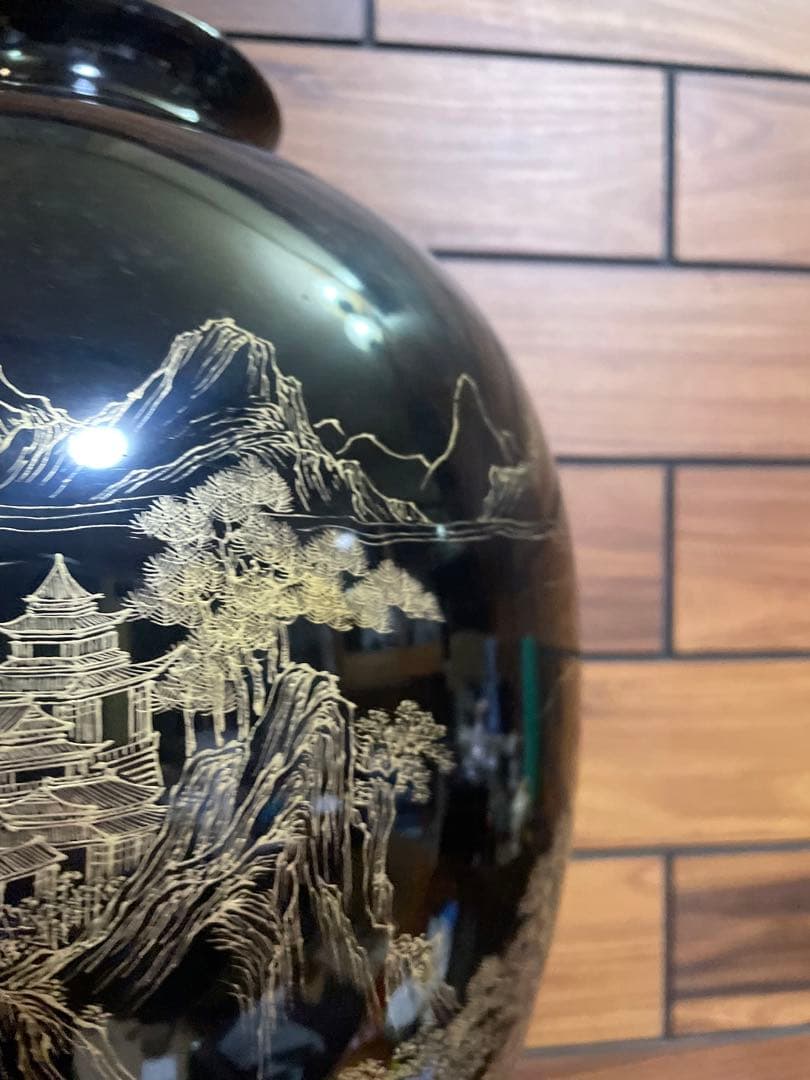 中国古玩　福建漆器 金彩画　大花瓶　台付