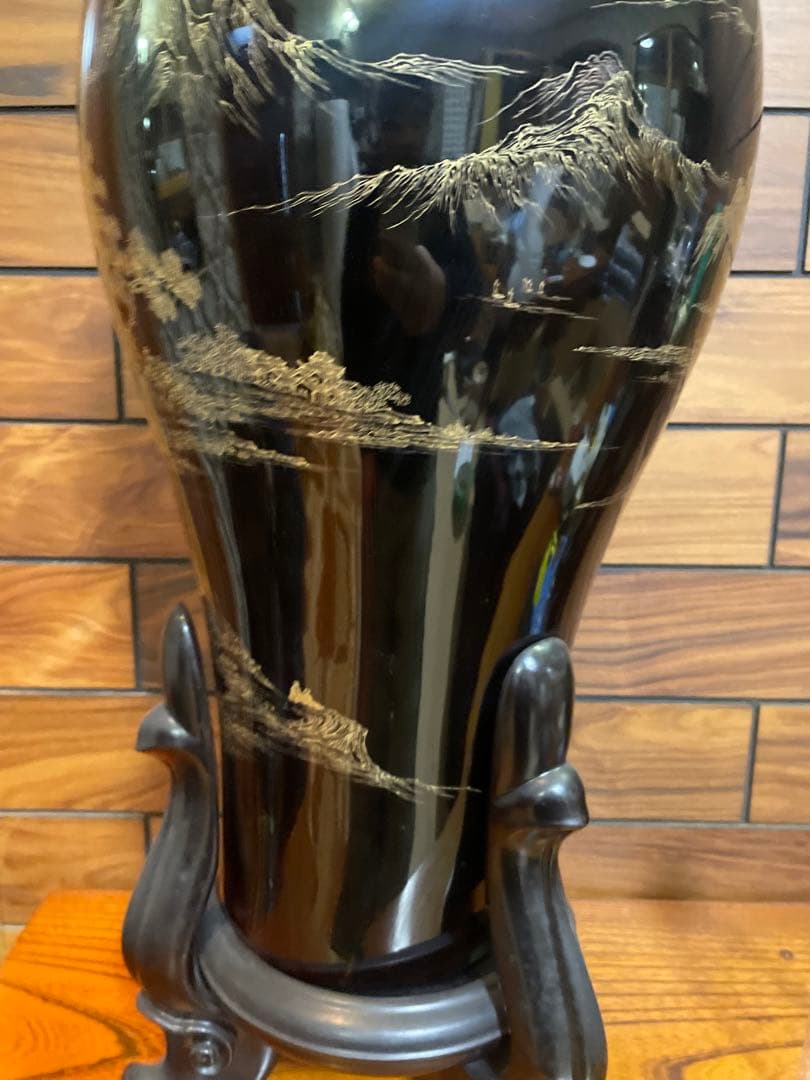 中国古玩 福建漆器 金彩画 大花瓶 台付