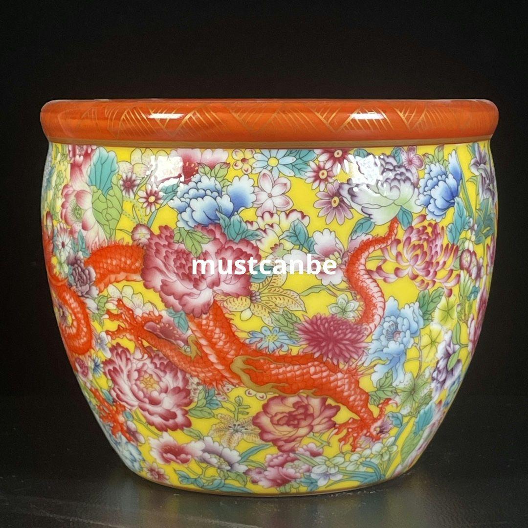 清乾隆琺瑯彩万花双龍響水甕 景徳鎮 陶磁器 装飾品 現代工芸品 美術品 置物