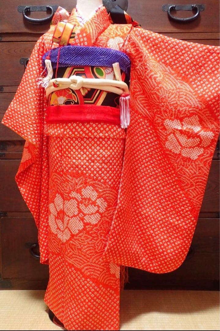 7歳　レトロ正絹朱色牡丹総絞り　七五三　お着物フルセット　アンティーク