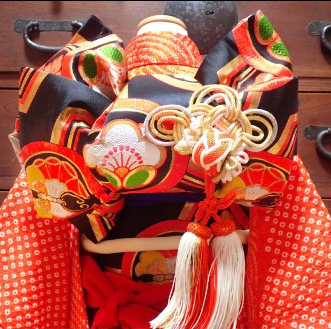 7歳　レトロ正絹朱色牡丹総絞り　七五三　お着物フルセット　アンティーク