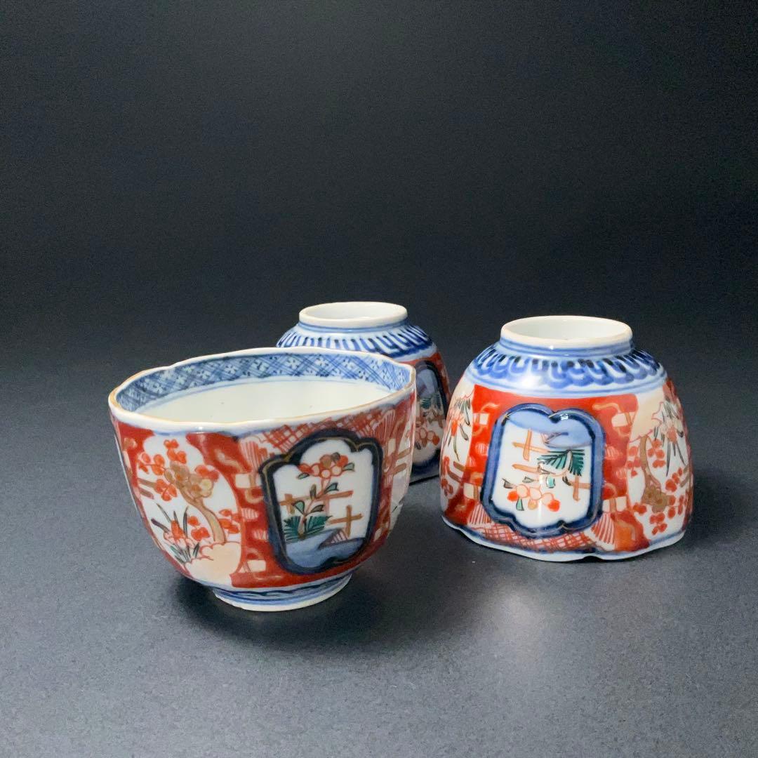 伊万里色絵窓絵花図向付3個　赤絵　通り文　古伊万里　R1373B2