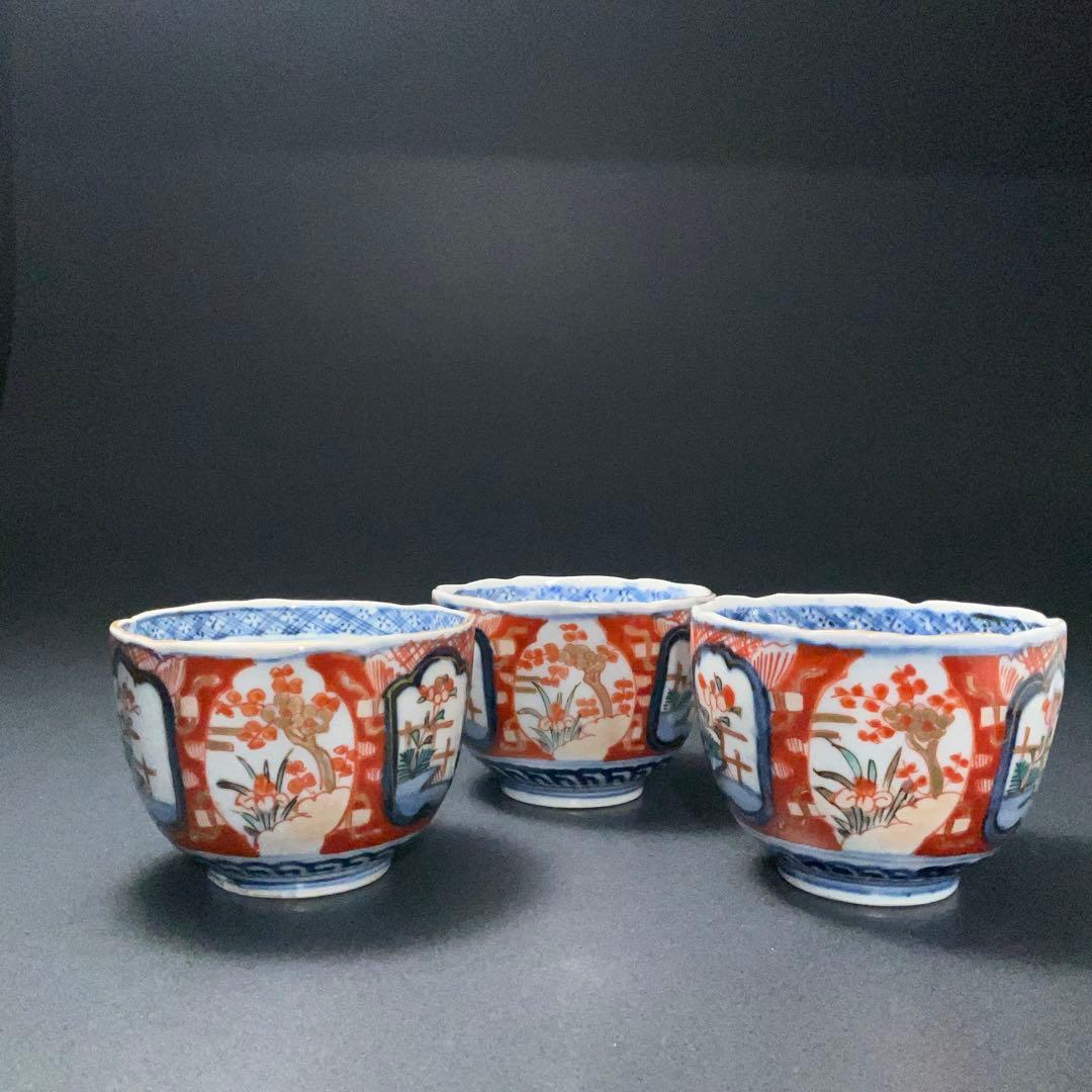 伊万里色絵窓絵花図向付3個　赤絵　通り文　古伊万里　R1373B2