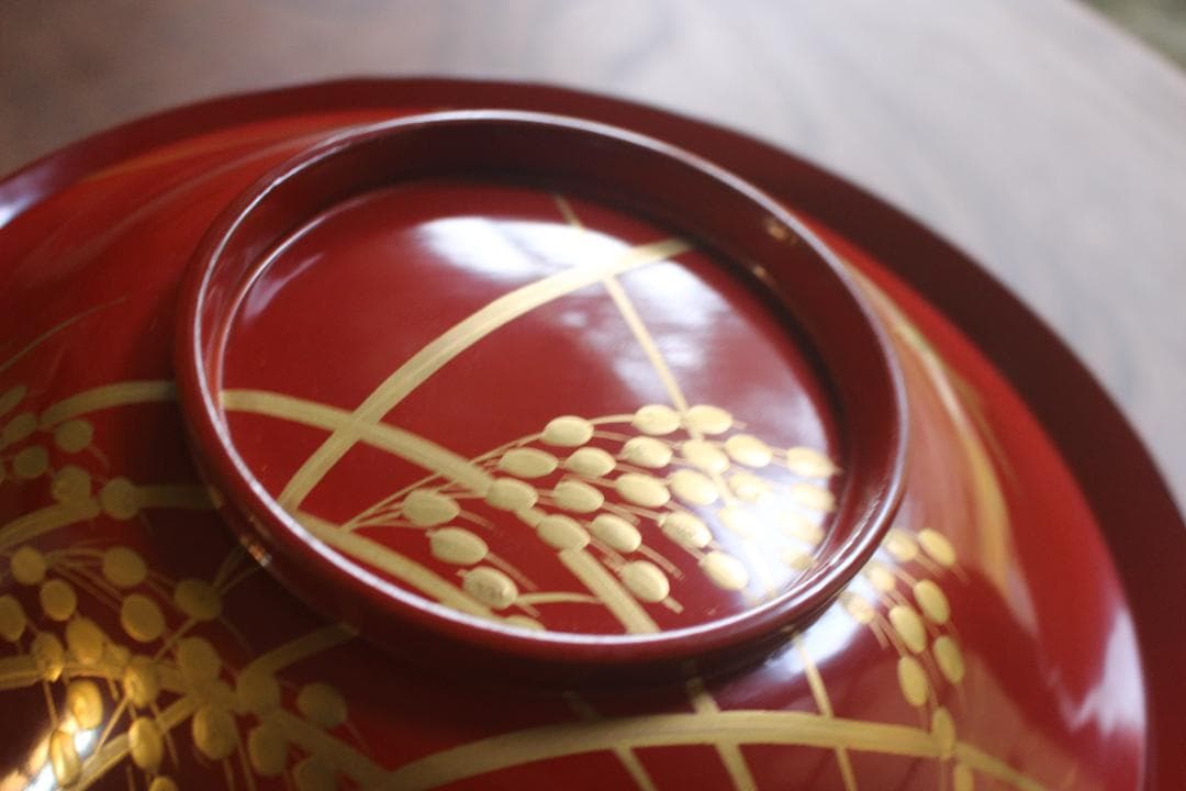 デッドストック！時代朱漆に極上稲穂雀蒔絵の映える大椀2点（検輪島塗蒔絵椀雑煮椀