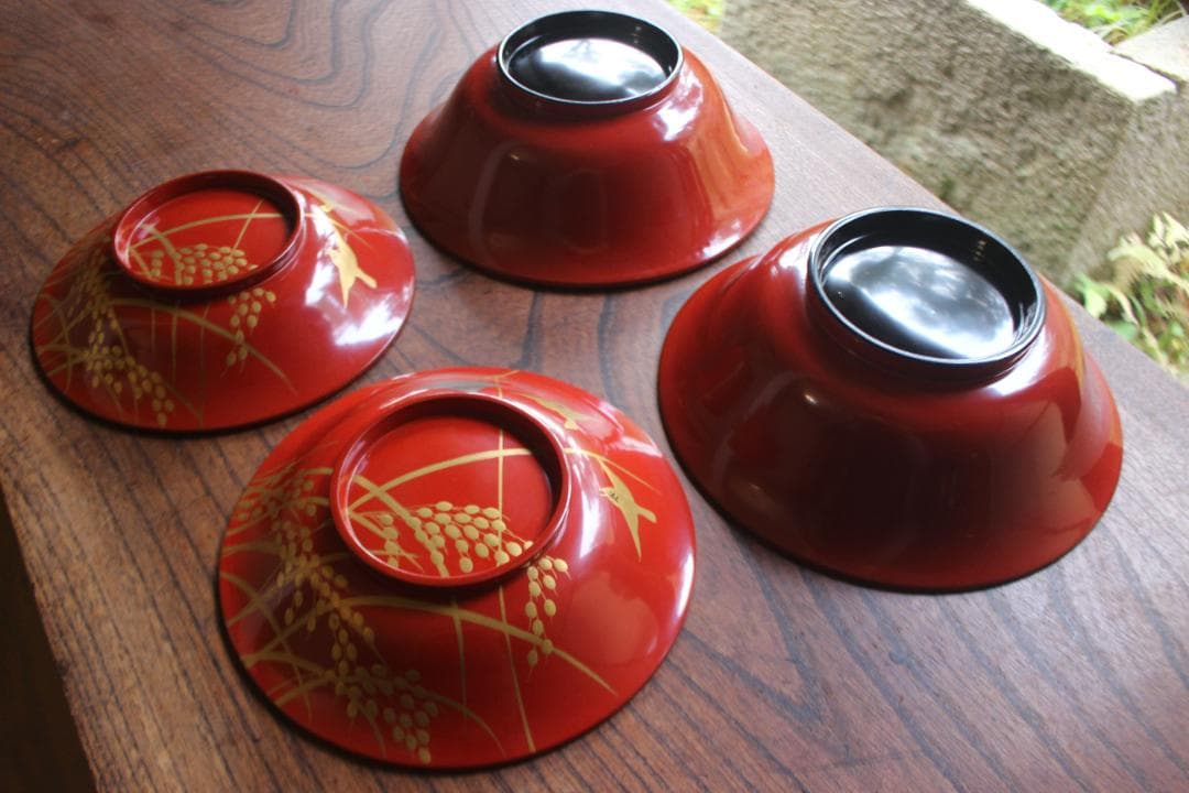 デッドストック！時代朱漆に極上稲穂雀蒔絵の映える大椀2点（検