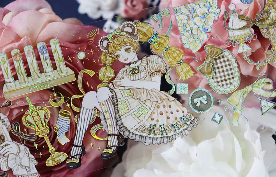 巻売 523☆ 海外 マスキングテープ マステ PET 装飾 人物 金ホロ+水晶