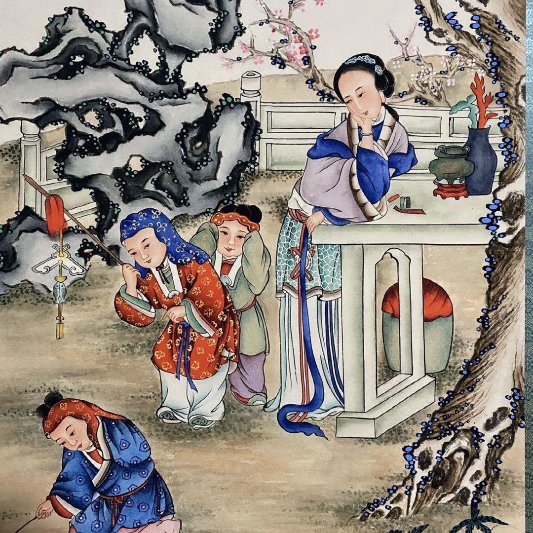 四尺 中堂 人物画 多子図 仇英風 宣紙 表装済み 防伪証明書付