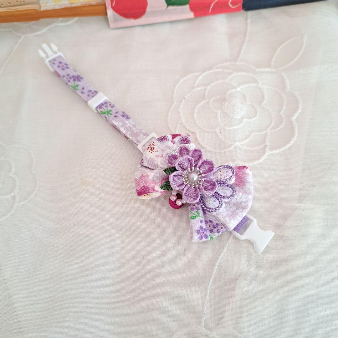 つまみ細工ダブルリボン(藤色)わんちゃん猫ちゃん用首輪 ダブルリボン