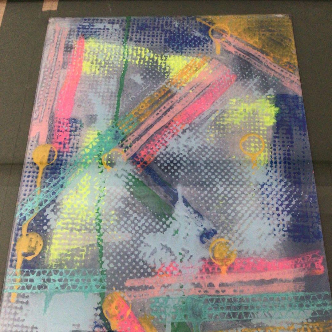 No3651 額装　作者不詳　抽象画　ガラス絵　紙箱付　絵画　アート　送料無料