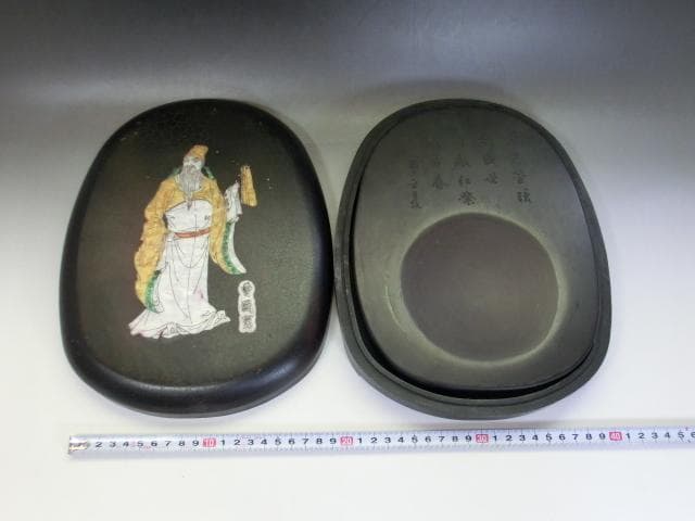 硯□曹國舅図端渓古硯 檀木箱付 萬戸管弦