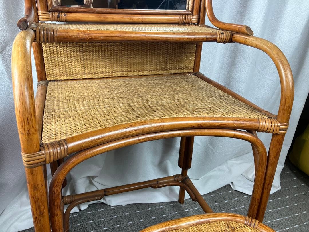 即購入不可 昭和レトロ×天然素材 籐製ミラー付きドレッサー＆スツール