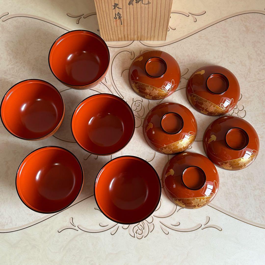 会津塗 金彩蒔絵扇紋 蓋付きお吸物椀 雑煮椀 お椀 5客セット 漆器 汁椀