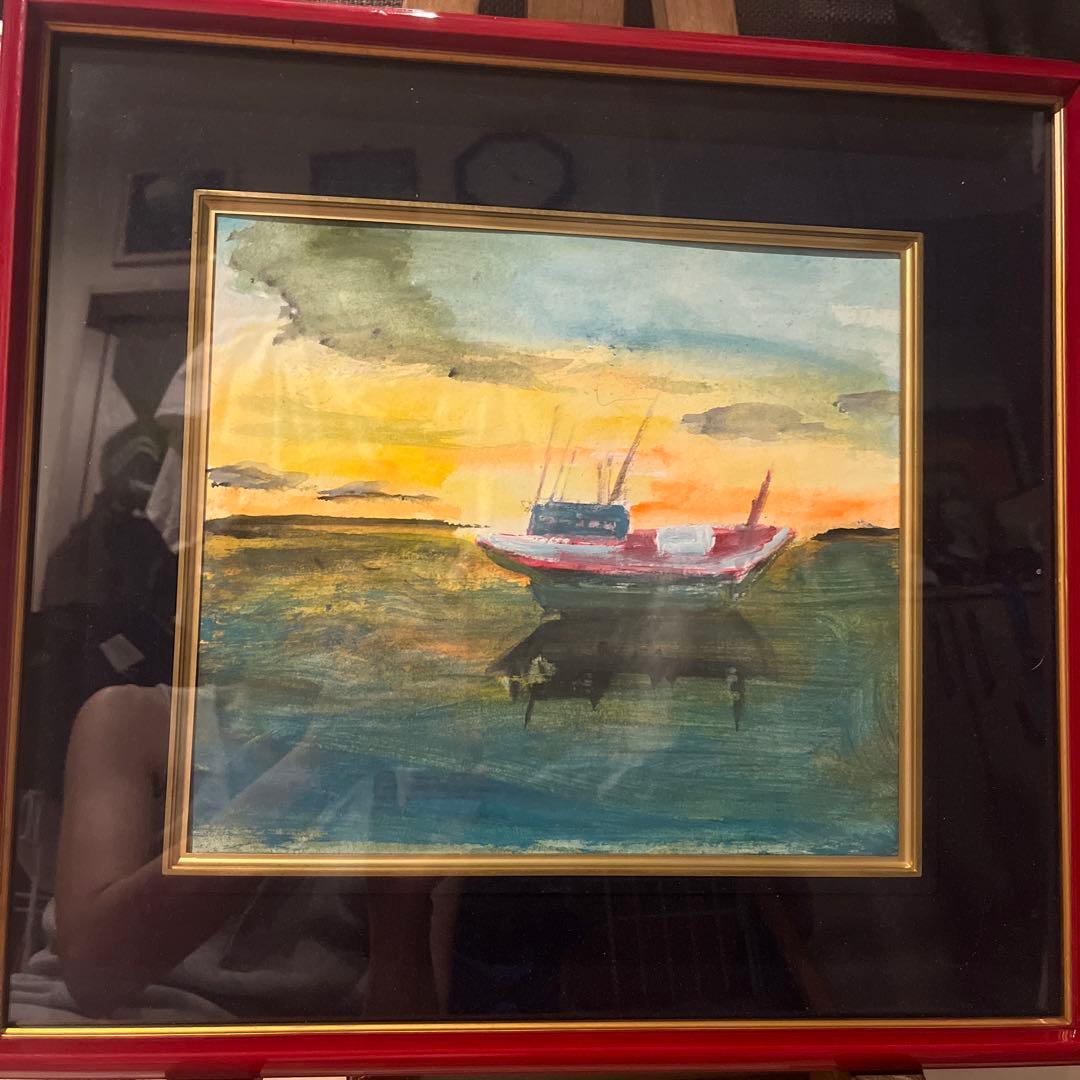 水彩画 ボート 夕焼け　40✖️40 水彩画 ボート 夕焼け 40✖️40
