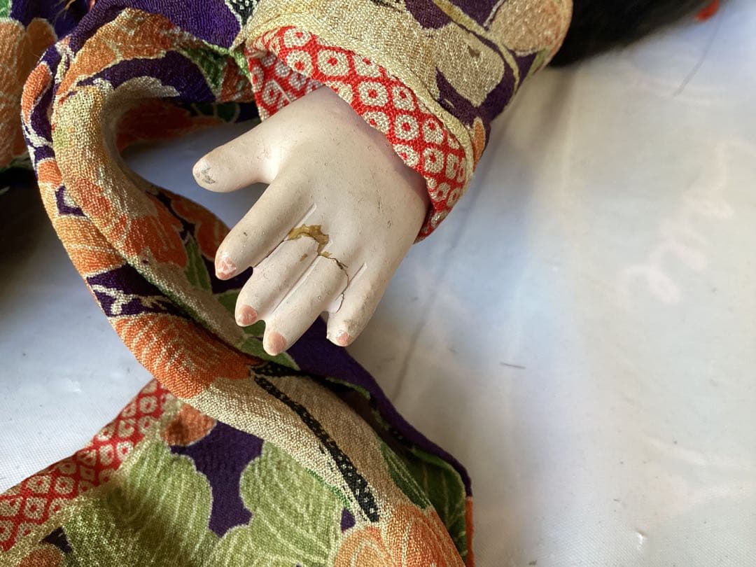 ヴィンテージ市松人形 徳光斎 約40cm 花柄着物 吹子付き 人毛 ガラス眼