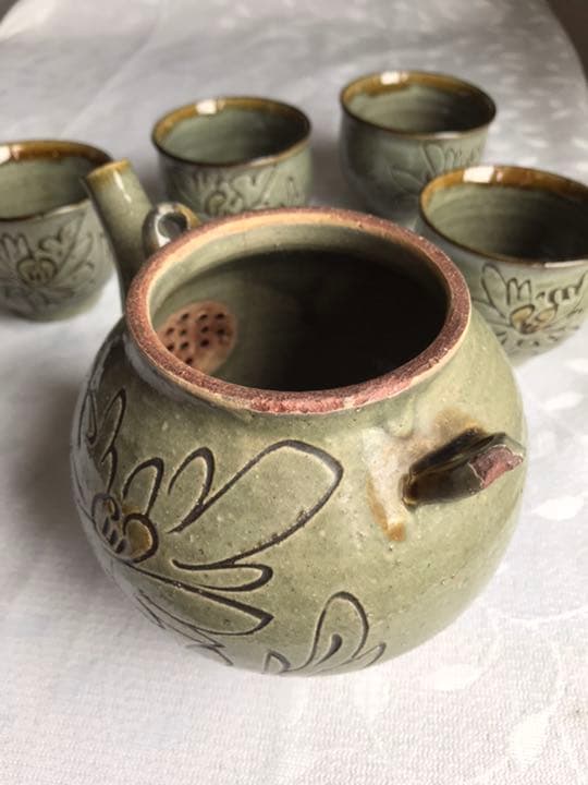 南陶窯　久場政一作　蓋、つる無し急須、茶碗　やちむん