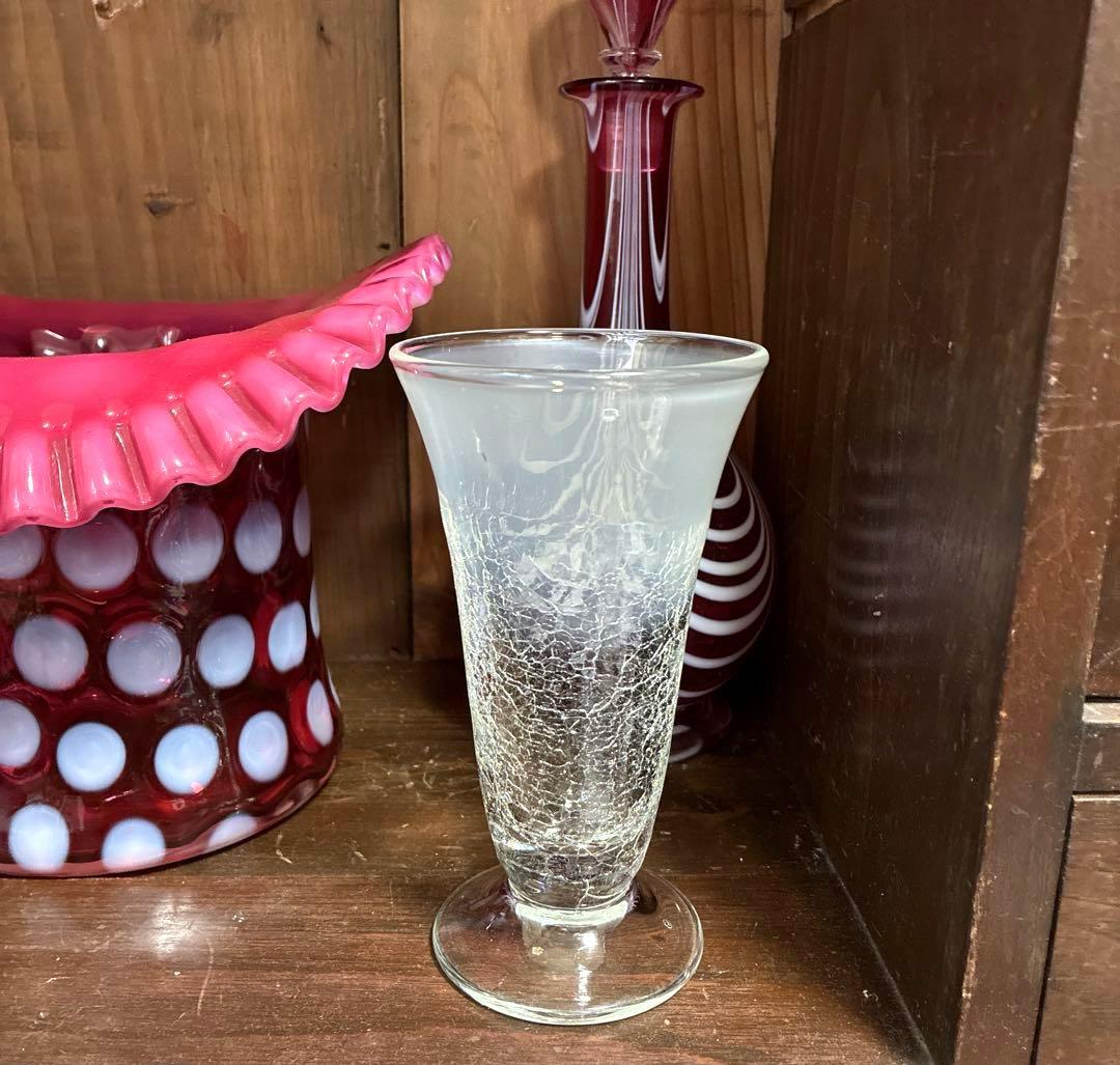 骨董 時代ガラス 希少 氷裂紋 乳白色 反り口 ラッパ型 パフェグラス1客②