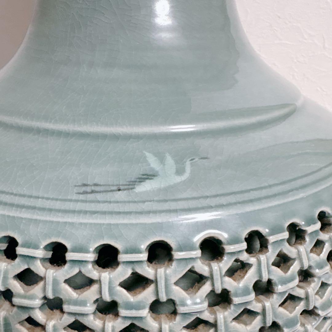 【特大】高麗青磁 海光作 龍耳透かし彫り 大花瓶 63cm 11.8kg 雲鶴紋