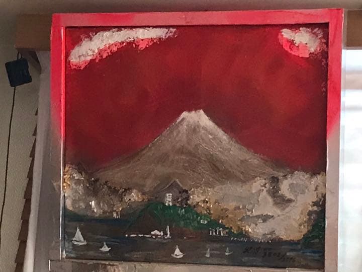 空飛ぶ画家糸川裕志の幻想絵画、夕焼けの富士山と江の島のイメージ、 空飛ぶ画家糸川裕志の幻想絵画、夕焼けの富士山と江の島のイメージ