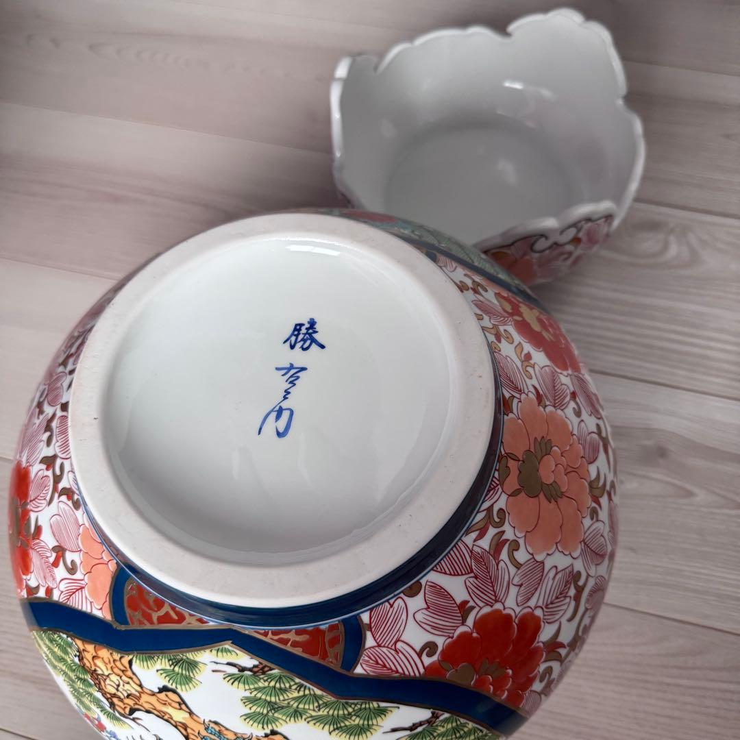 有田焼 勝右衛門作 染錦 金彩色絵花鳥紋 沈香壷 飾壺