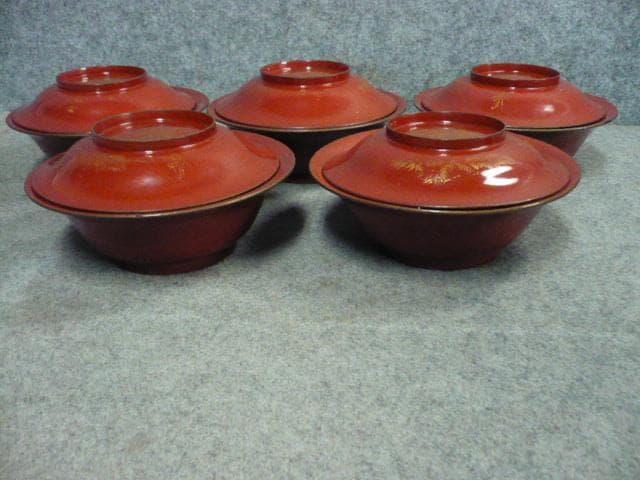 朱塗沈金菊図梅椀5個 [B31666]