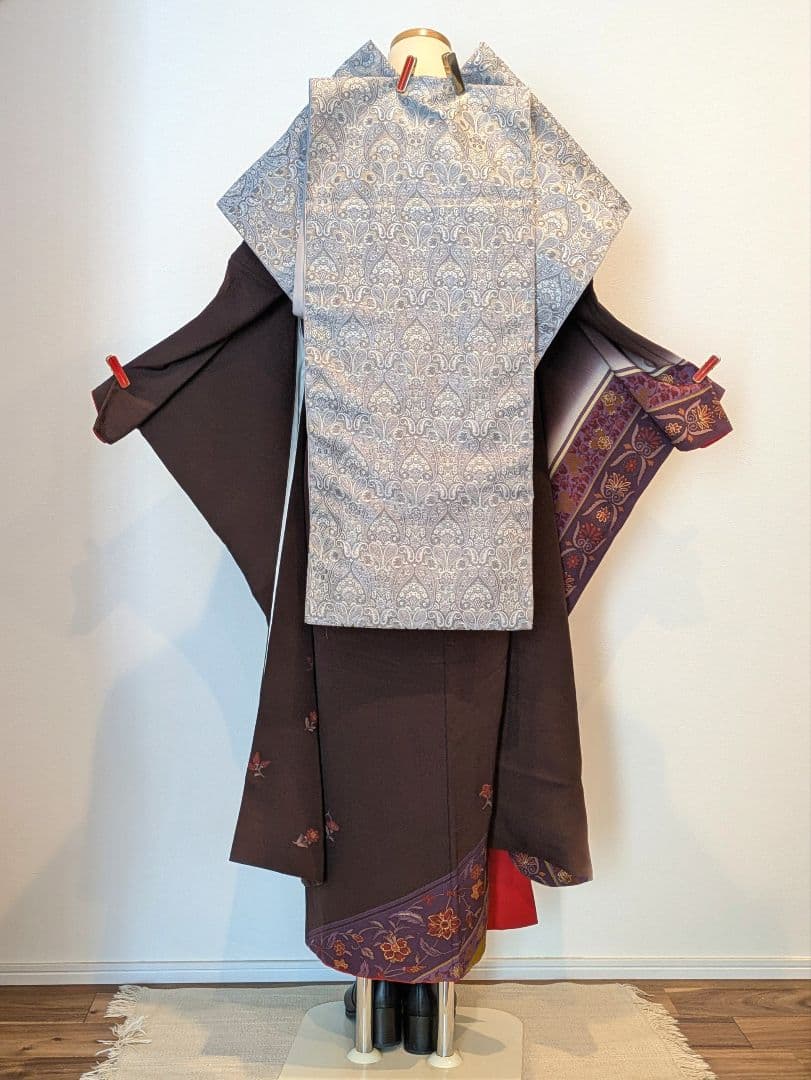 振袖フルセット 身丈168.5裄69.5 更紗 焦げ茶 ブラウン 金彩 成人式