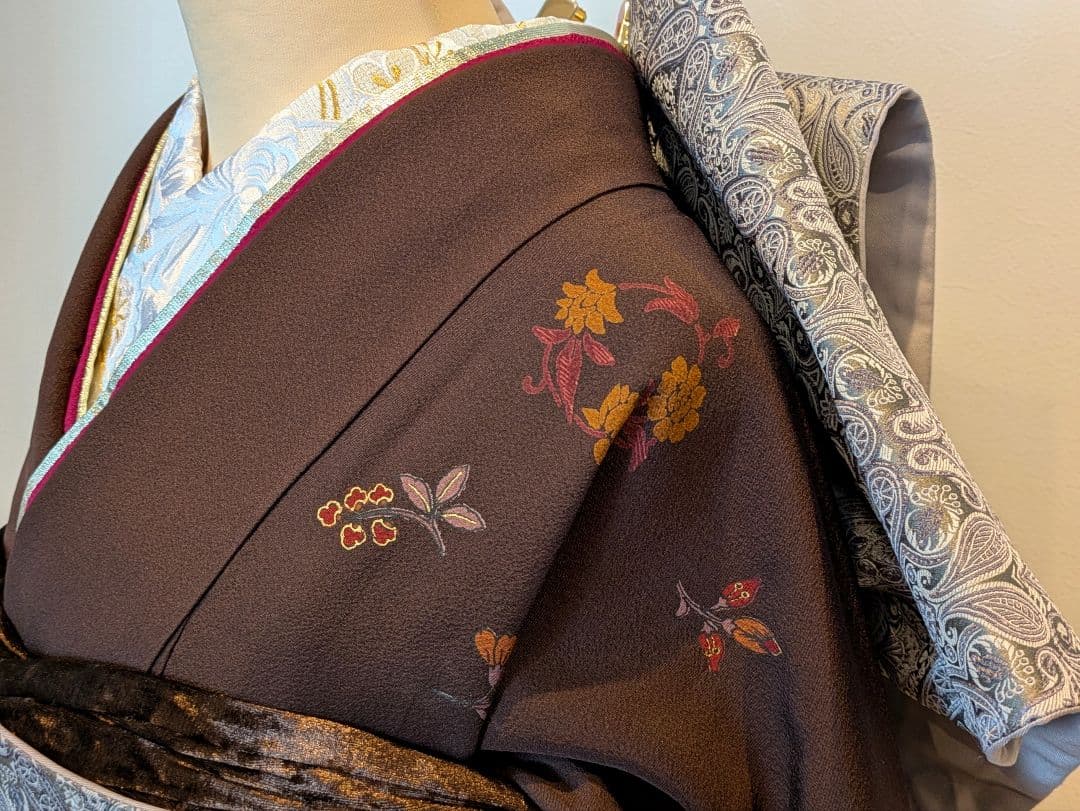 振袖フルセット 身丈168.5裄69.5 更紗 焦げ茶 ブラウン 金彩 成人式