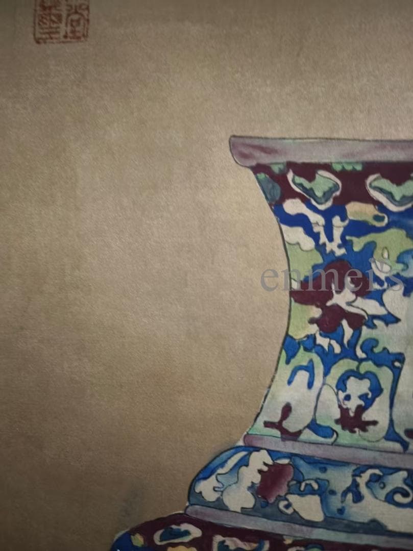 中国古美術 近代 絹本手描き 郎世寧 博古瓶図 三尺 牙軸 肉筆 古玩