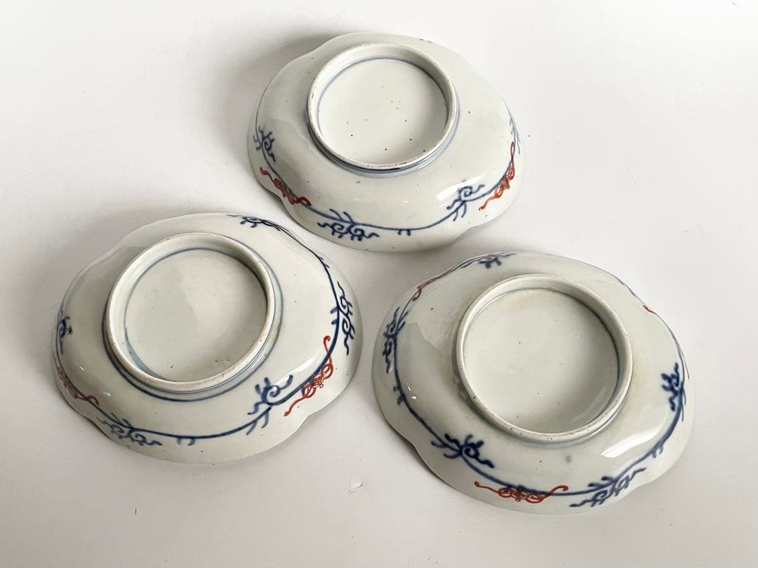 骨董　アンティーク　古伊万里　色絵　麒麟図　木瓜形　変形皿　向付　膾皿　3枚