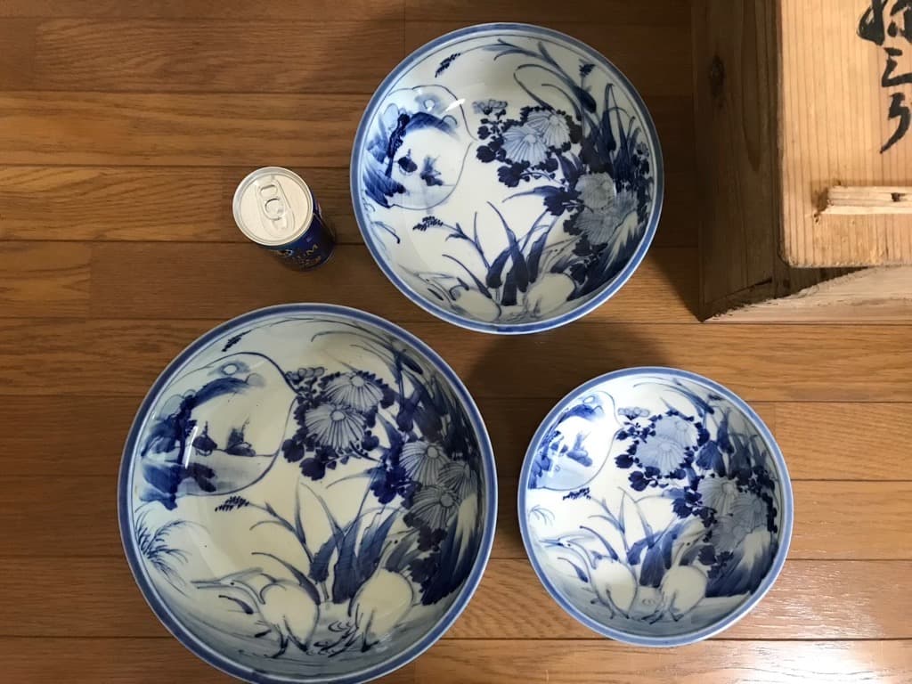 アンティーク・天保10年】 古伊万里 染付 藍染 三ツ丼 木箱付き