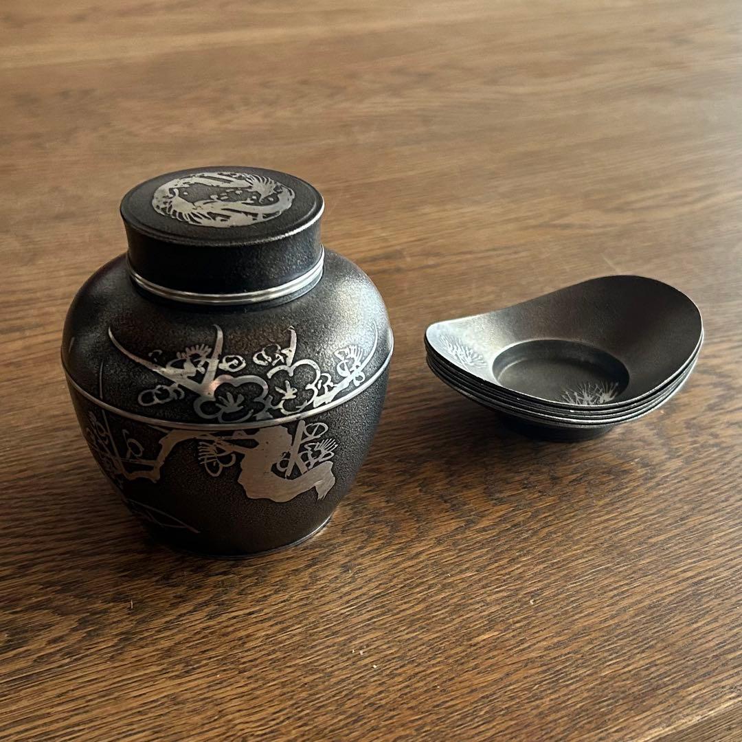 錫製 茶壺（茶入） 盛源堂造」 &「錫製 茶托 本錫製印 5客set