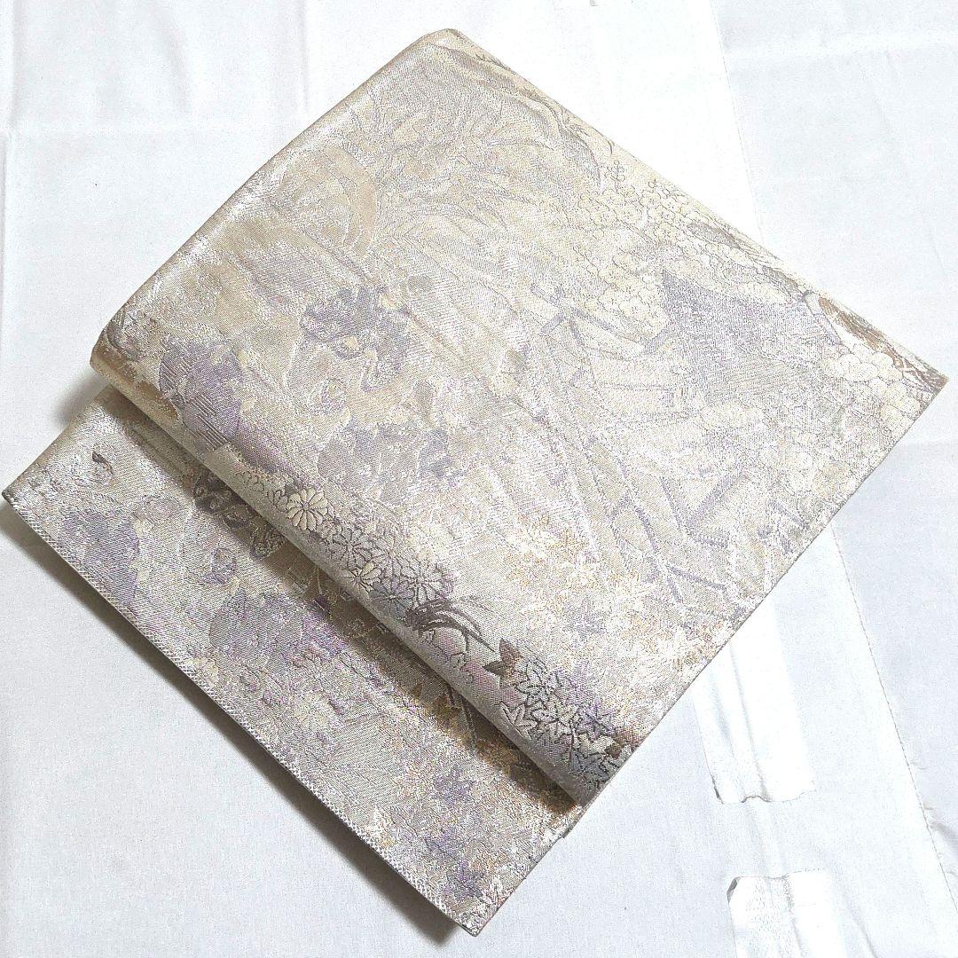 A◇着物くつろぎ 絵巻模様 銀糸 六通 正絹 フォーマルな袋帯