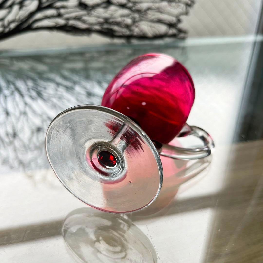 骨董 時代ガラス 希少 金赤ガラス 取手付き アイスクリームコップ ウラン