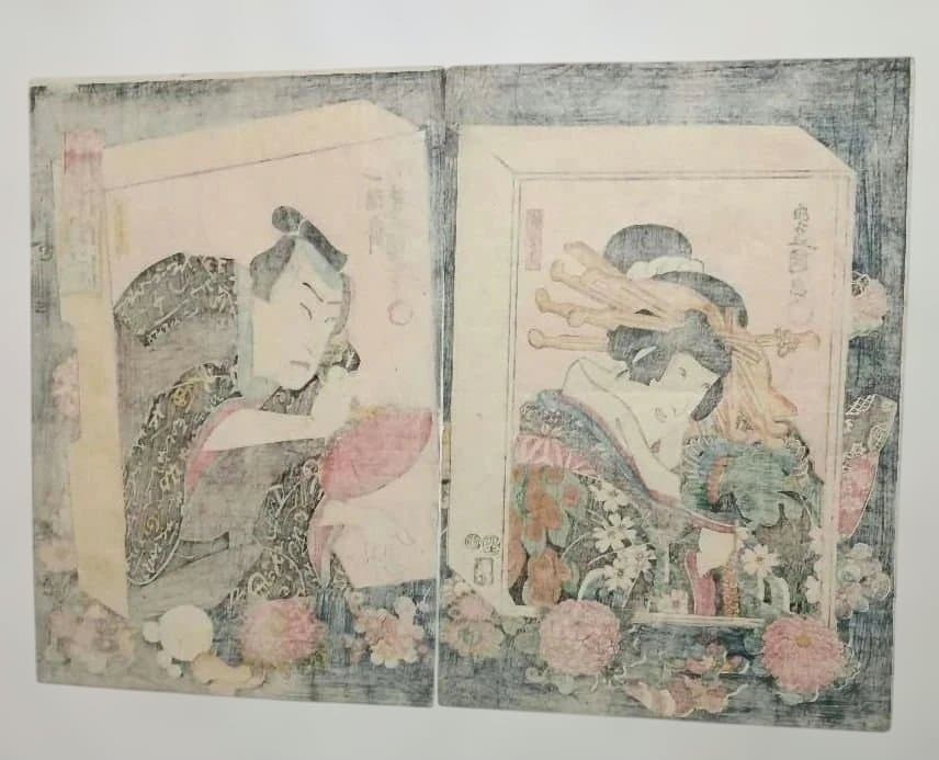 浮世絵版画、花揃の内二枚綴り、三代歌川豊国画安政5年