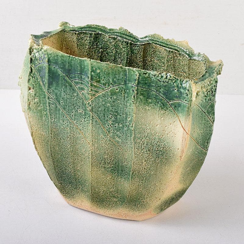 わさび　織部焼　加藤敬也作　花生　扁壷　共箱　V　8184