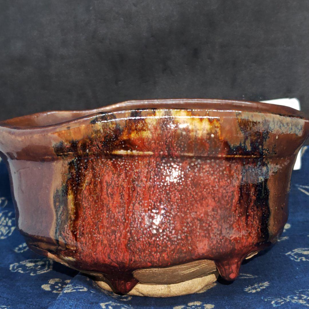 美濃焼陶祖１２代、加藤景秋作柿釉織部沓茶碗(元箱、古裂包布付)