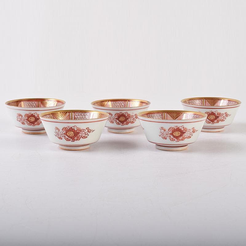 九谷焼　赤絵金彩　静山銘　獅子花文　盃　五客　龍鳳凰文　徳利　一對　MR8445