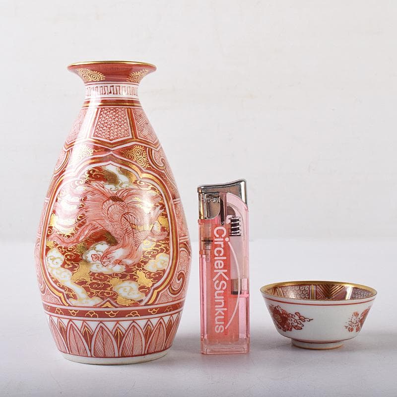 九谷焼 赤絵金彩 静山銘 獅子花文 盃 五客 龍鳳凰文 徳利